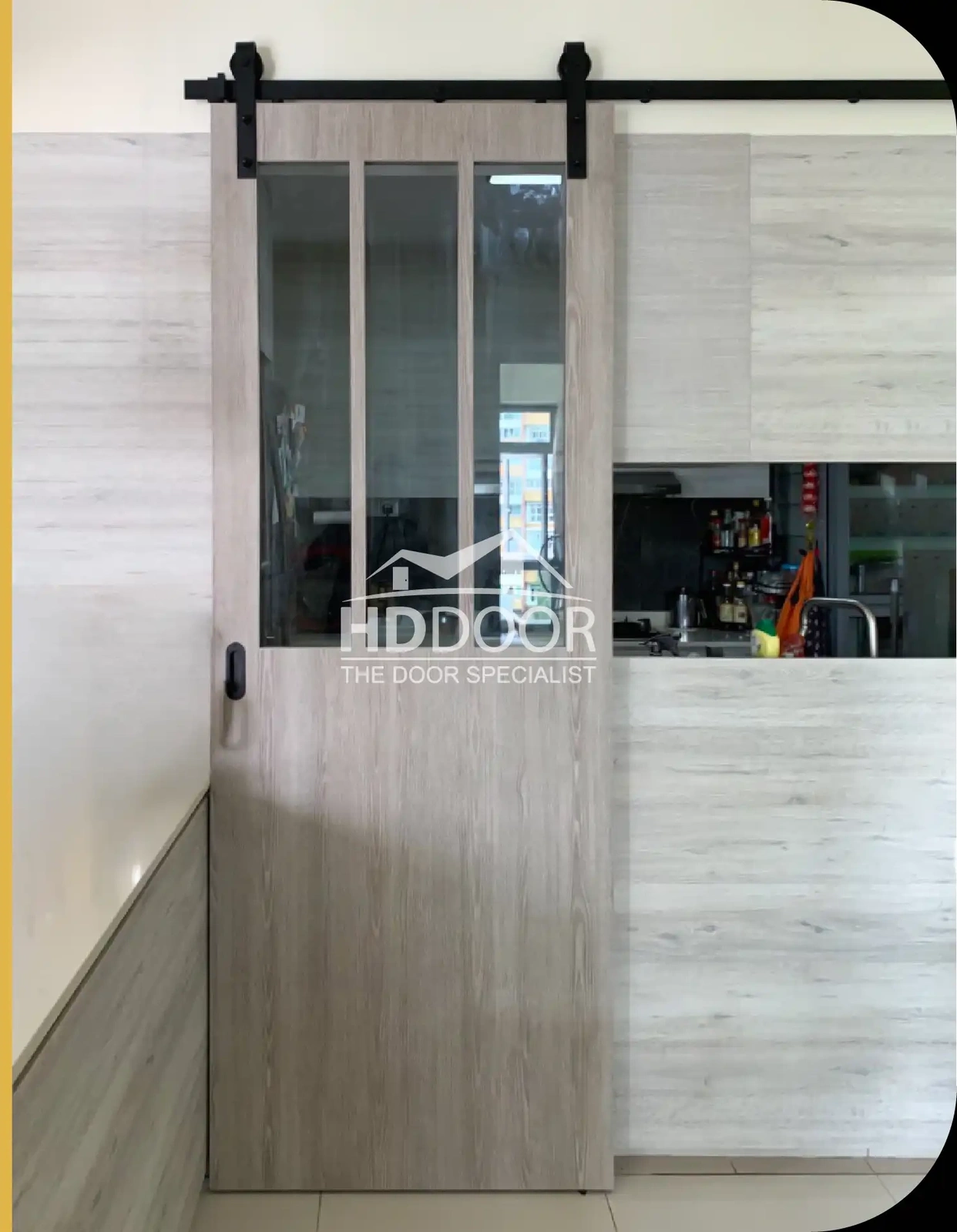 Exposed Track Sliding door kitchen entrance with Clear Glass Panels